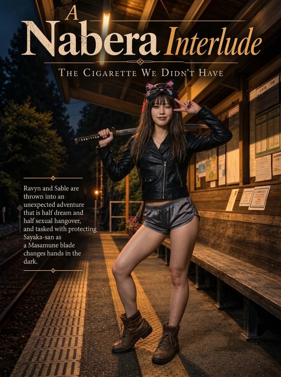 A woman in a black leather jacket, satin shorts, leather boots, and a cat mask resting on her forehead poses at Nabera Station, holding a katana and making a peace sign with two fingers touching her temple.